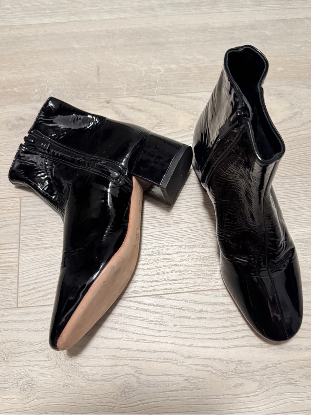 Loeffler Randall black patent Leather Block Heel Bootie Ankle Boots Size 5